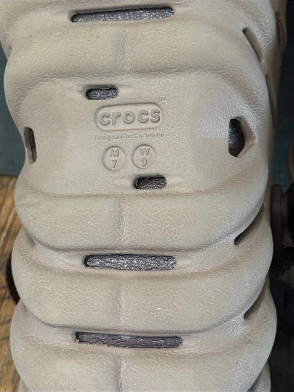 CROCS Slip-On Clogs in Taupe with Dark Brown Strap. Run a little big.